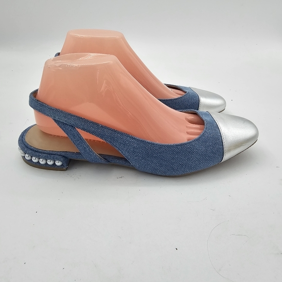 Stuart Weitzman Women’s Pearl Slingback Flats Denim Silver Toe Cap Size 9.5 - Picture 4 of 10